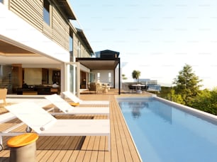 3D-Rendering von Luxusvillenhaus und Schwimmbad auf der Terrasse