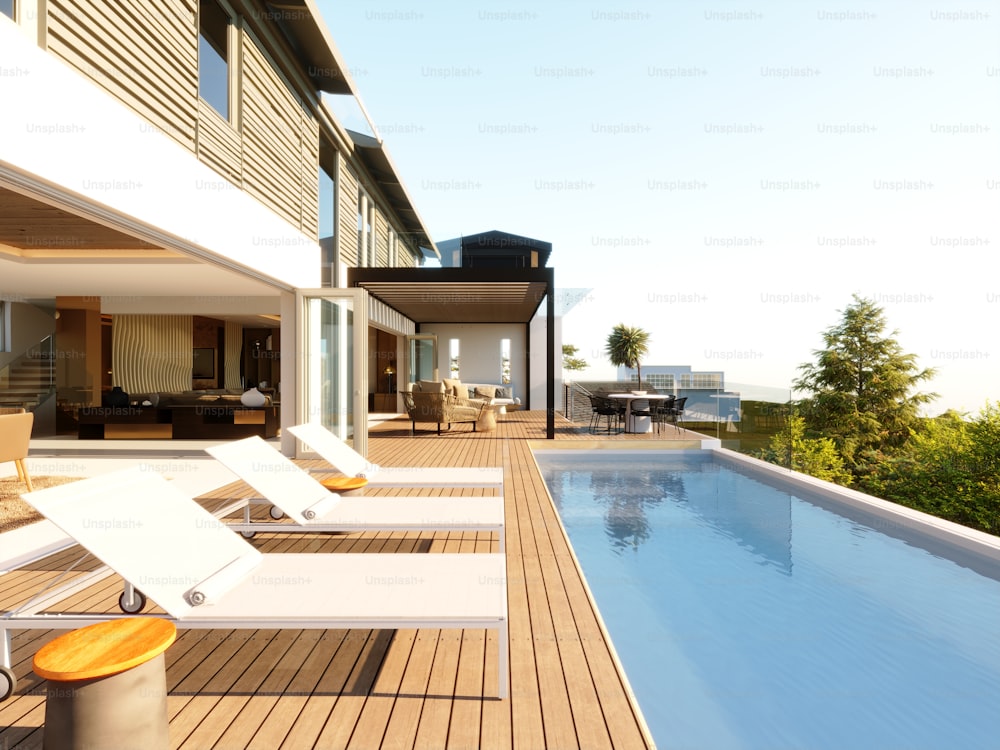Render 3D de casa de villa de lujo y piscina en terraza