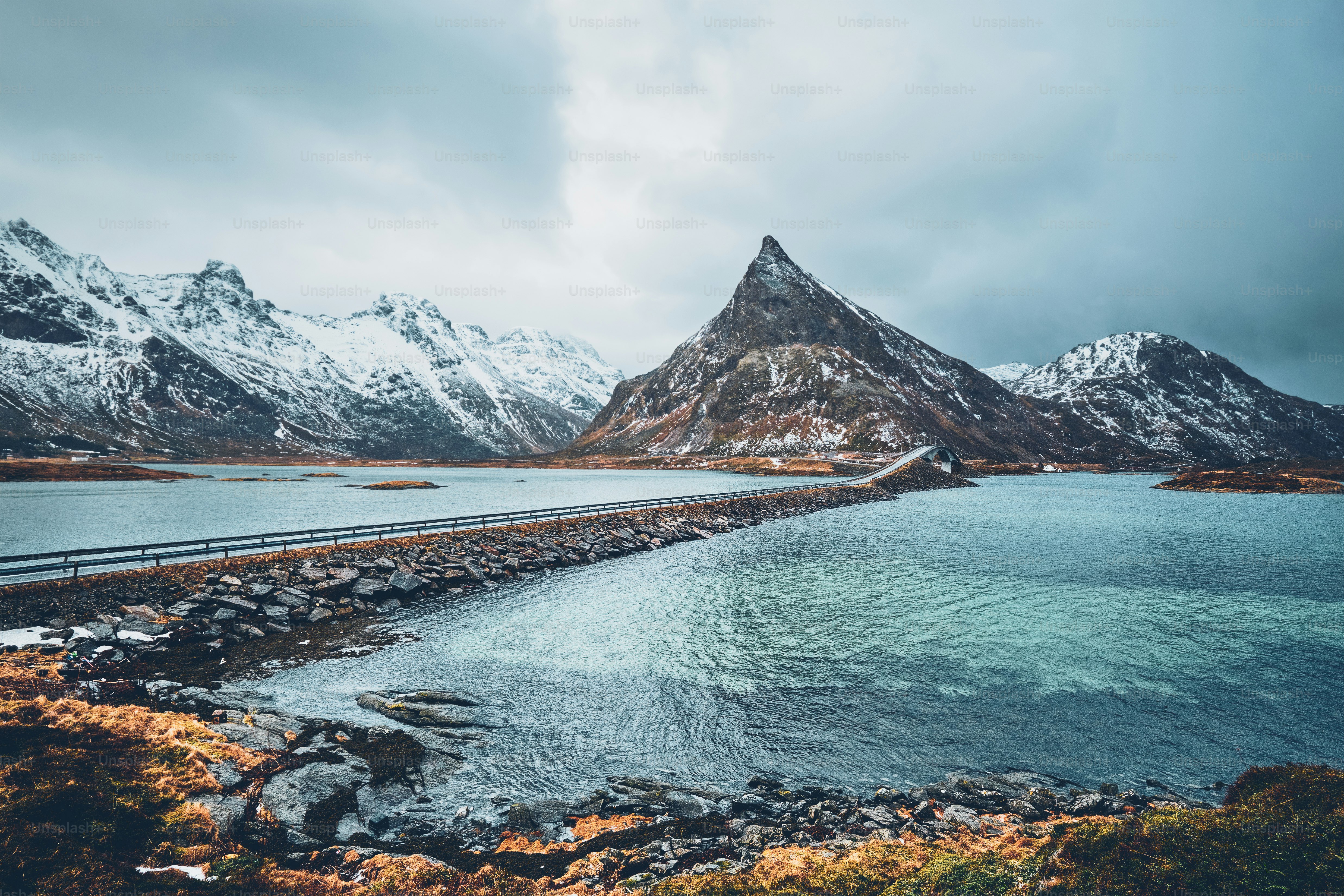 Fredvang Bridges in winter. Lofoten islands, Norway