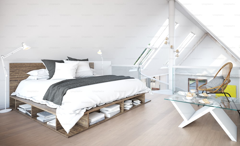 modern attic bedroom interior. 3d illustration design concept