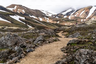 Paysage de Landmannalaugar paysage de nature surréaliste dans les hautes terres de l’Islande, nordique, Europe. Beau terrain de montagne enneigé coloré célèbre pour le trekking d’été, l’aventure et la marche en plein air.