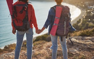 Two women traveling to the seaside. They standing with backs on knoll, holding each other hand and staring at beautiful view