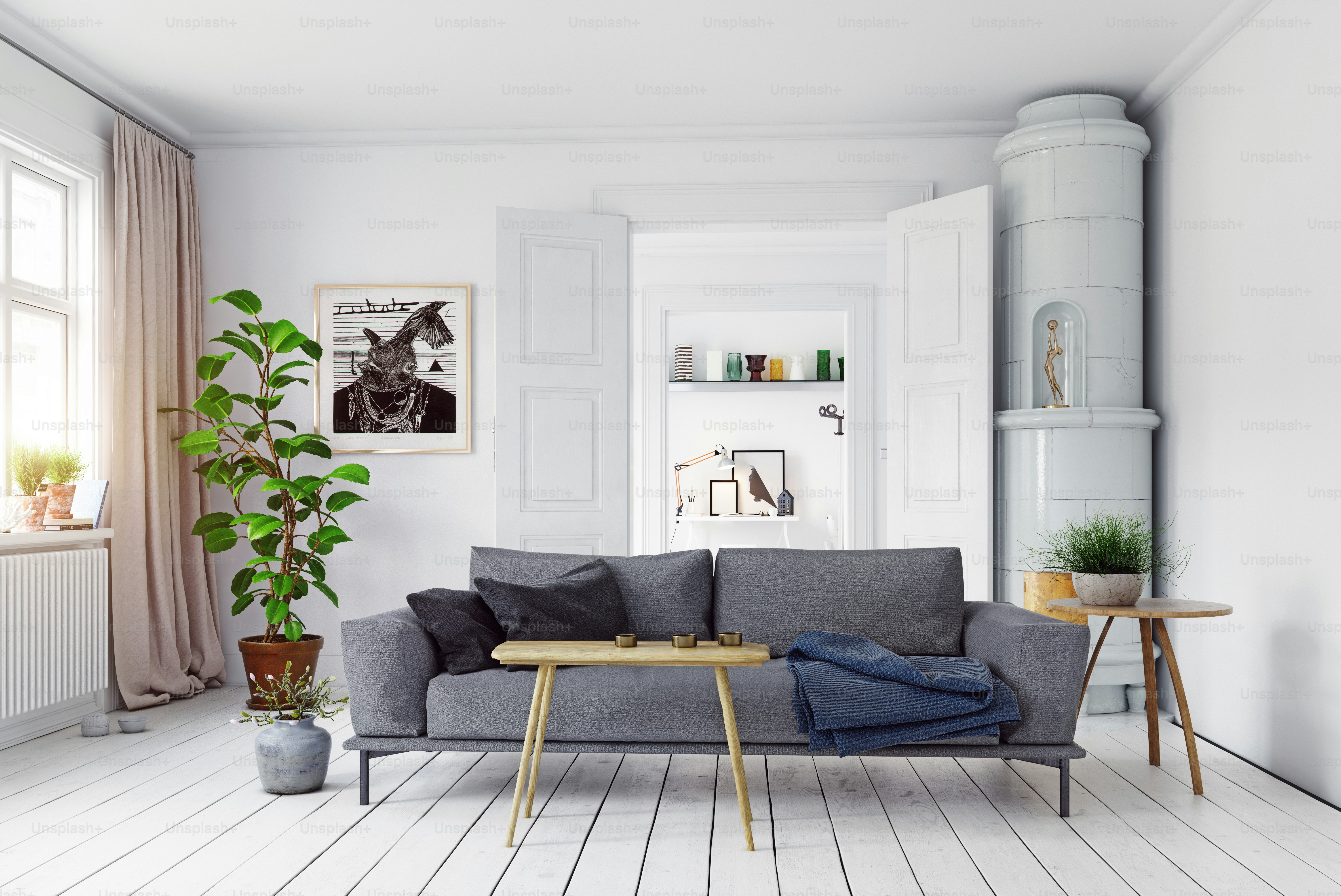 modern scandinavian style living room interior design. 3d illustration concept