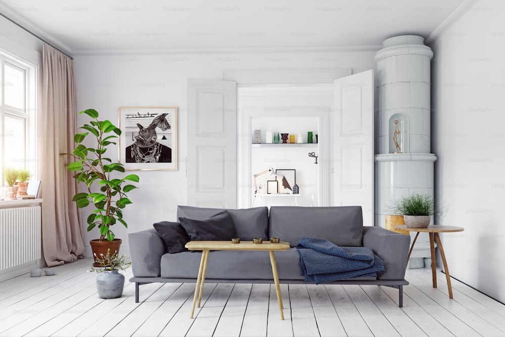 Diseño interior de sala de estar de estilo escandinavo moderno. Concepto de ilustración 3D