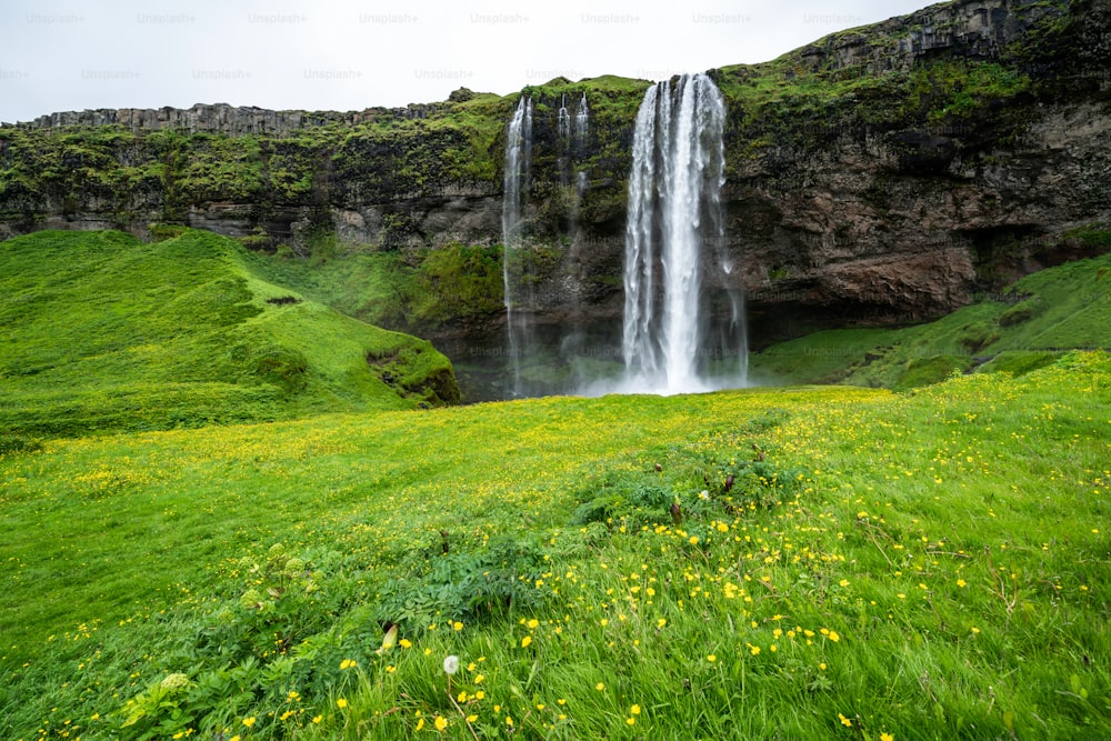 Magical Seljalandsfoss Waterfall in Iceland. It is located near ring road of South Iceland. Majestic and picturesque, it is one of the most photographed breathtaking place of Iceland.