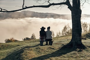 Vue arrière d’un jeune couple profitant d’une vue parfaite sur la chaîne de montagnes assis sur le banc