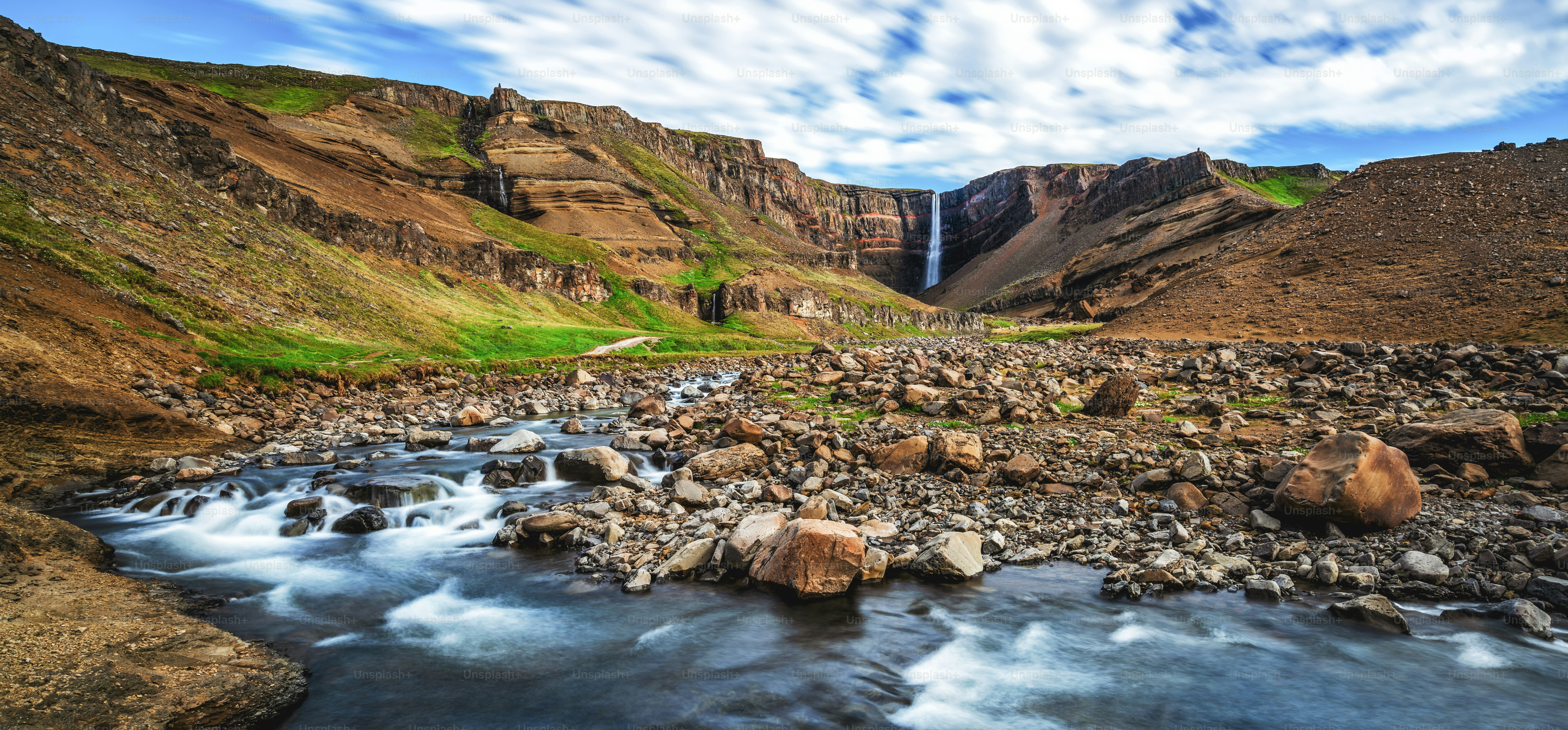 Beautiful Hengifoss Waterfall in Eastern Iceland. Nature travel landscape.