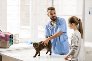 Young veterinarian talking to little girl while petting cat before or after examination in clinics
