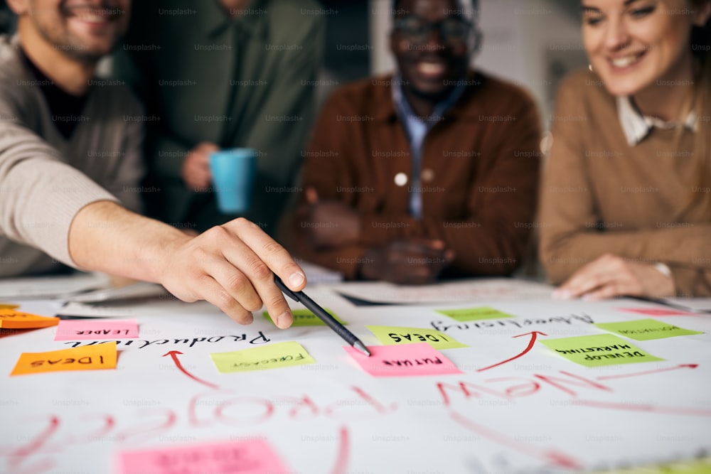 Nahaufnahme des kreativen Business-Teams beim Brainstorming während der Analyse der Mindmap während des Meetings.