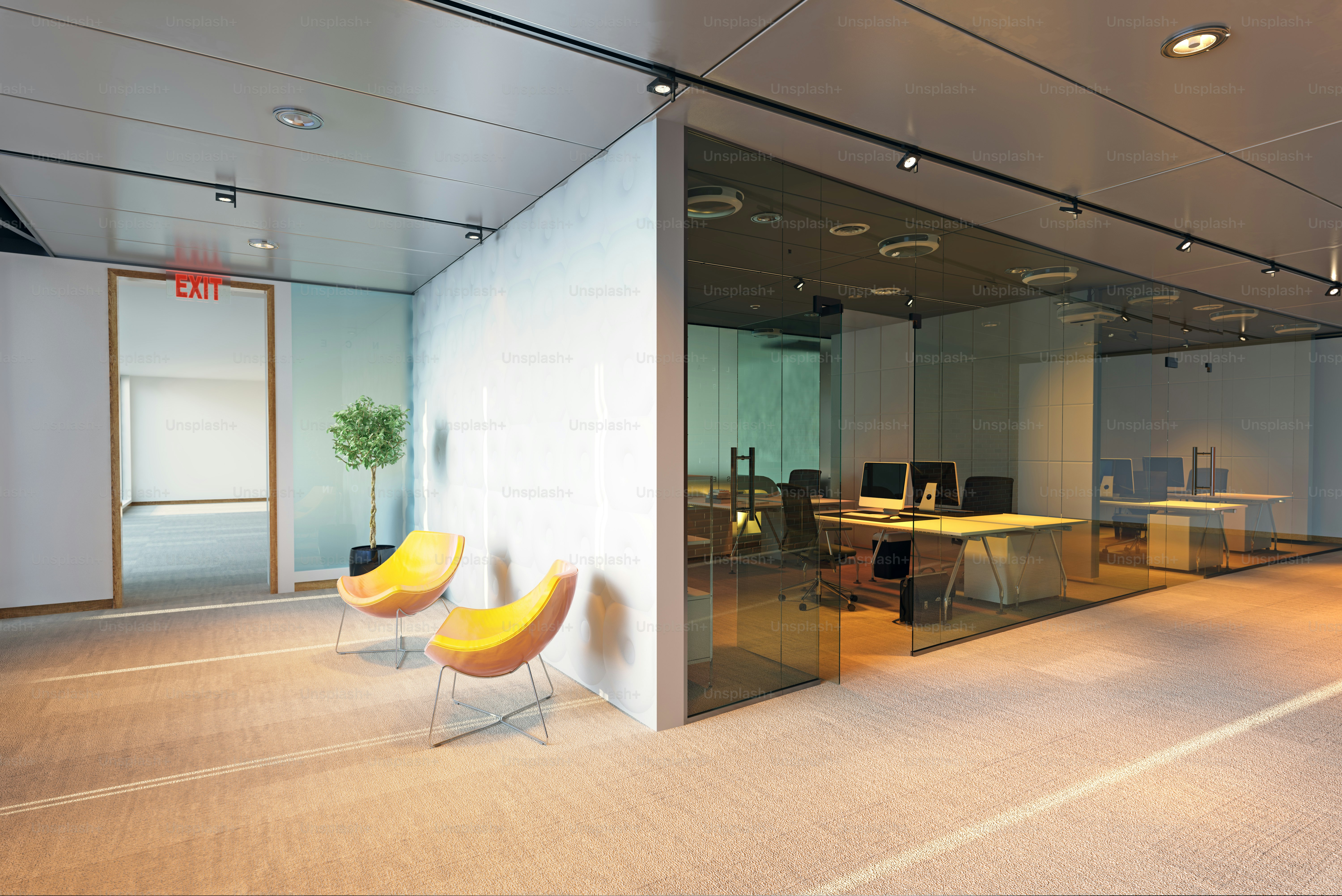 Interior de un edificio de oficinas moderno. Concepto de renderizado 3D
