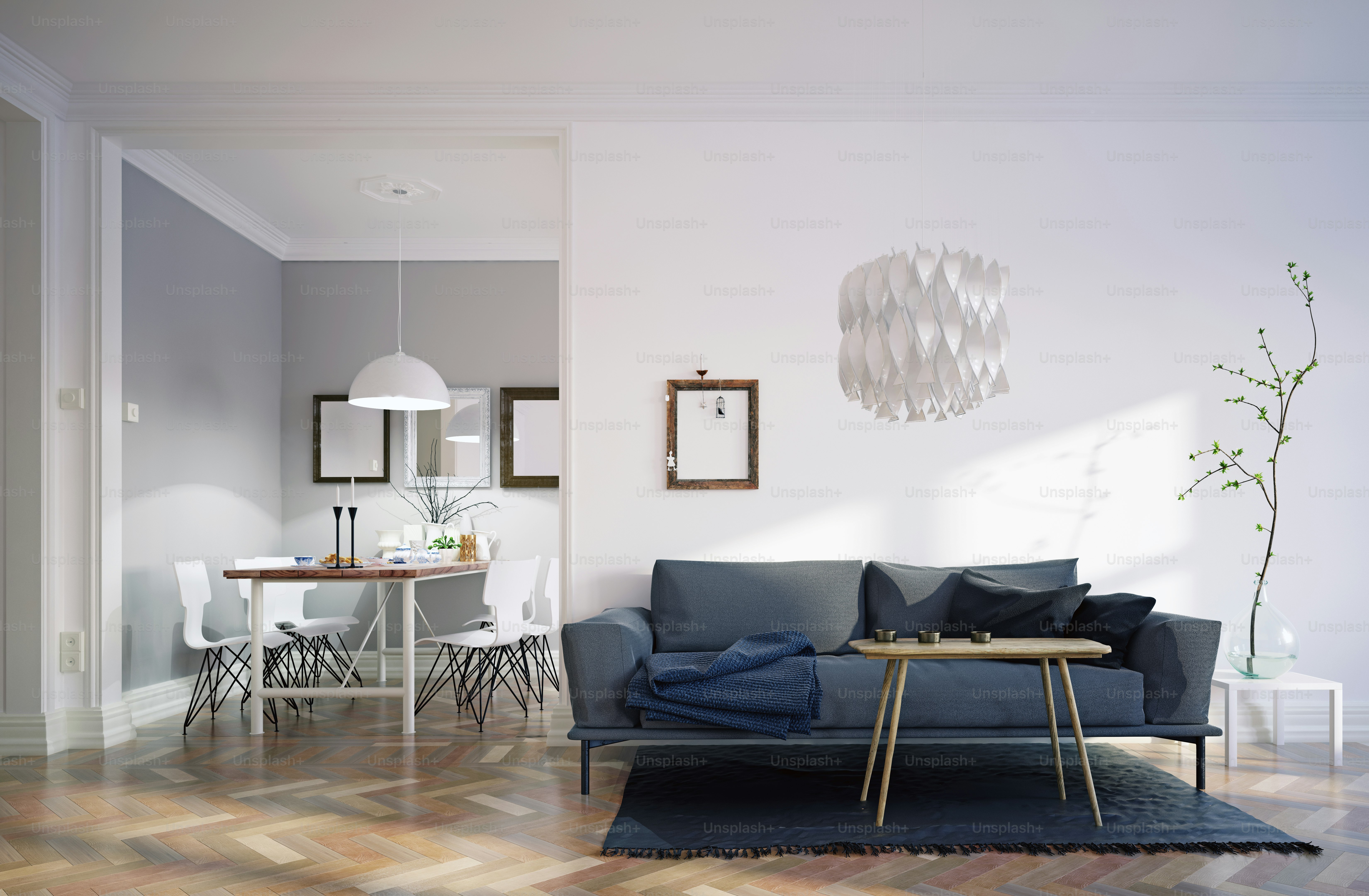 modern house interior. Sofa and dining zone. 3d rendering concept