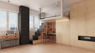 compact apartment design concept. 3d interior rendering