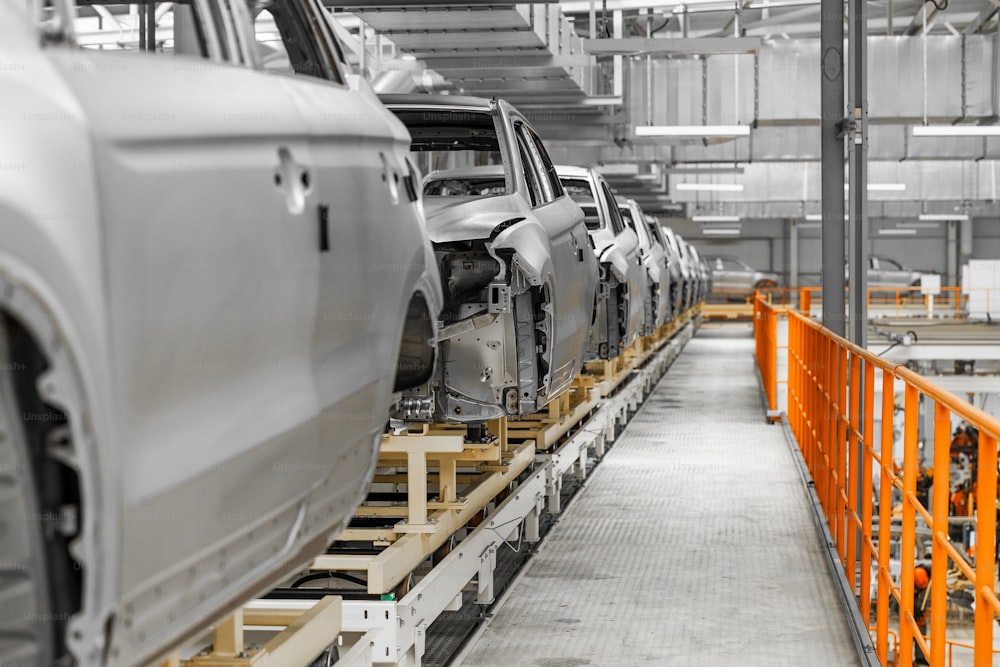 car conveyor at a modern factory, body before painting.