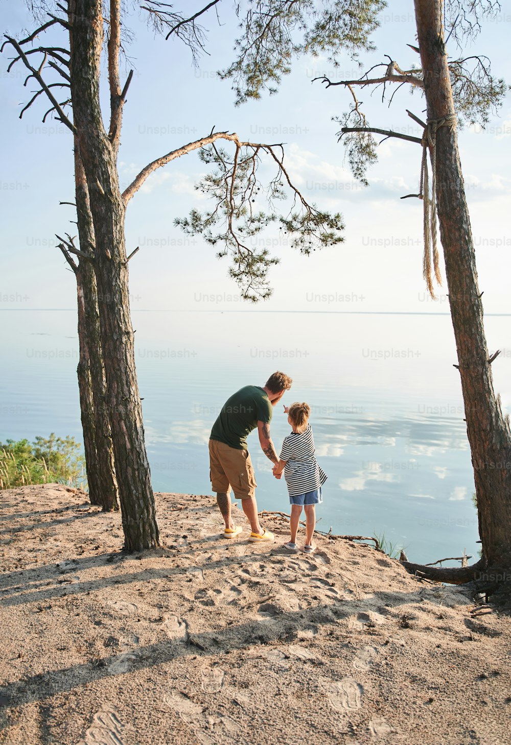 Vertical view of the young father spending time with cute child at the forest. Girl pointing at the distance. Family relation concept