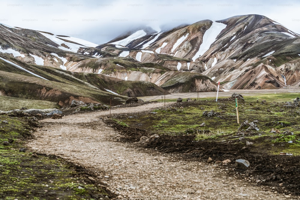 Belle route de poussière de gravier Landmanalaugar sur les hautes terres de l’Islande, en Europe. Terrain boueux et difficile pour les véhicules 4x4 à 4 roues motrices extrêmes. Le paysage de Landmanalaugar est célèbre pour le trekking et la randonnée dans la nature.