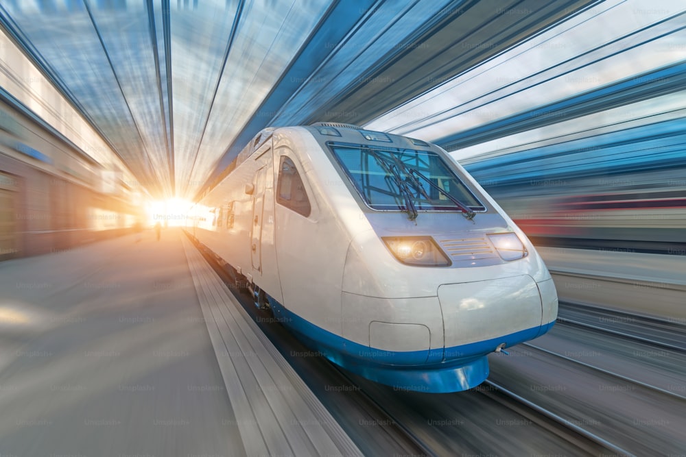 Railroad travel passenger train with motion blur effect, concept tourism
