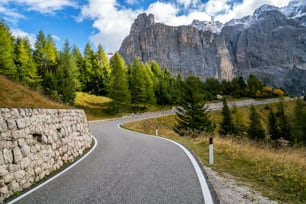 Beautiful mountain road with trees, forest and mountains in the backgrounds. Taken at state highway road in Passo Gardena, Sella mountain group of Dolomites mountain in Italy.