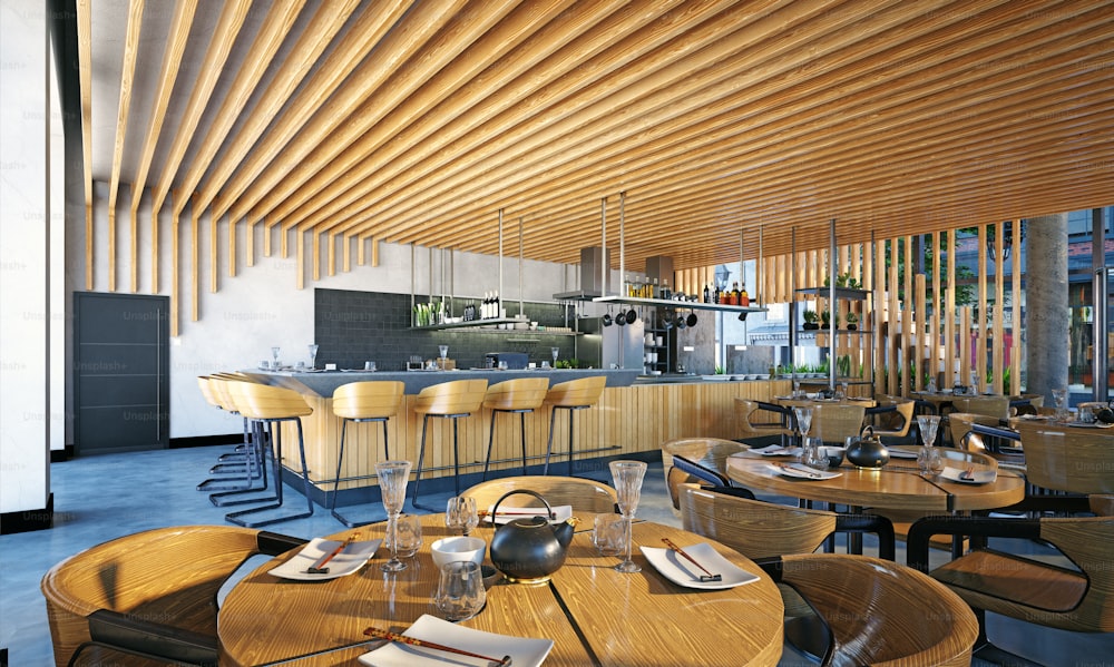 Modernes Restaurant-Innenarchitekturkonzept. 3D-Rendering