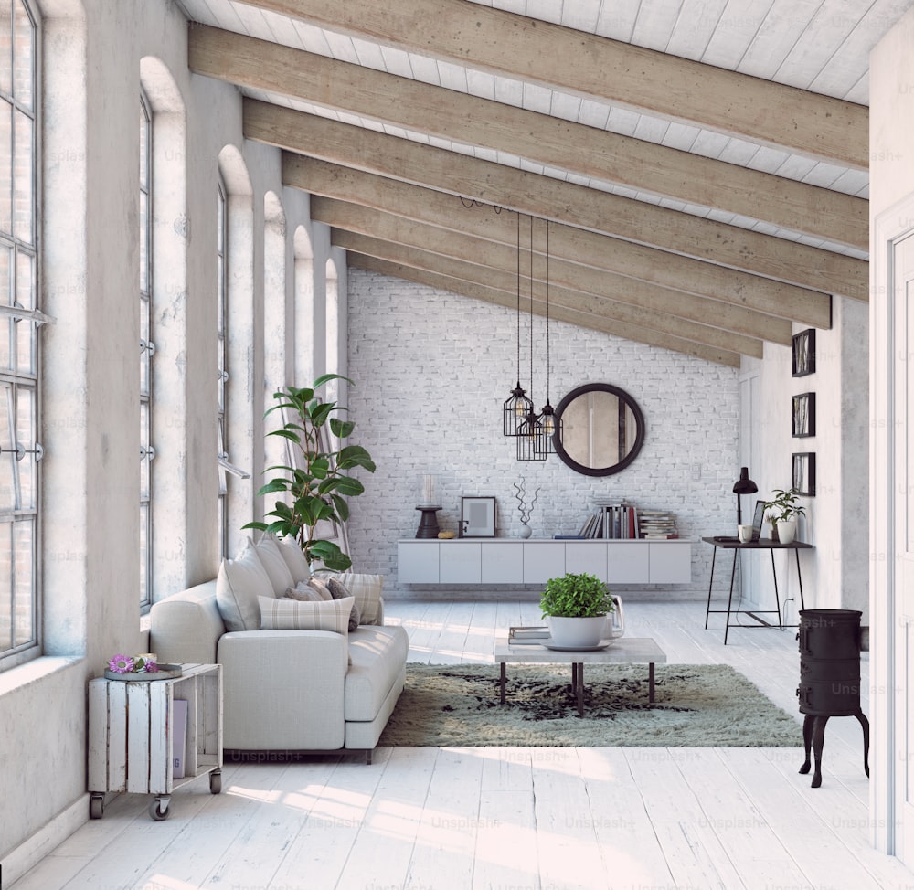 Modernes Wohn-Interior-Design. 3D-Konzeptillustration