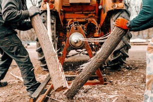 Trabalhadores cortando troncos em pazes com máquina de corte ao ar livre.