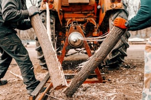 Workers cutting logs into peaces with cutting machine outdoors.