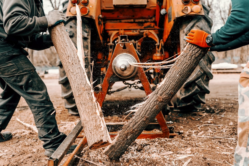 Workers cutting logs into peaces with cutting machine outdoors.