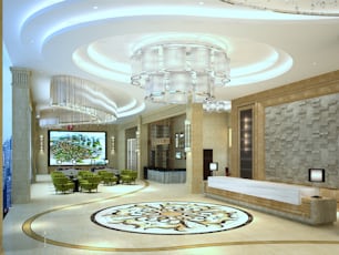 Renderização 3d da entrada e recepção do lobby do hotel