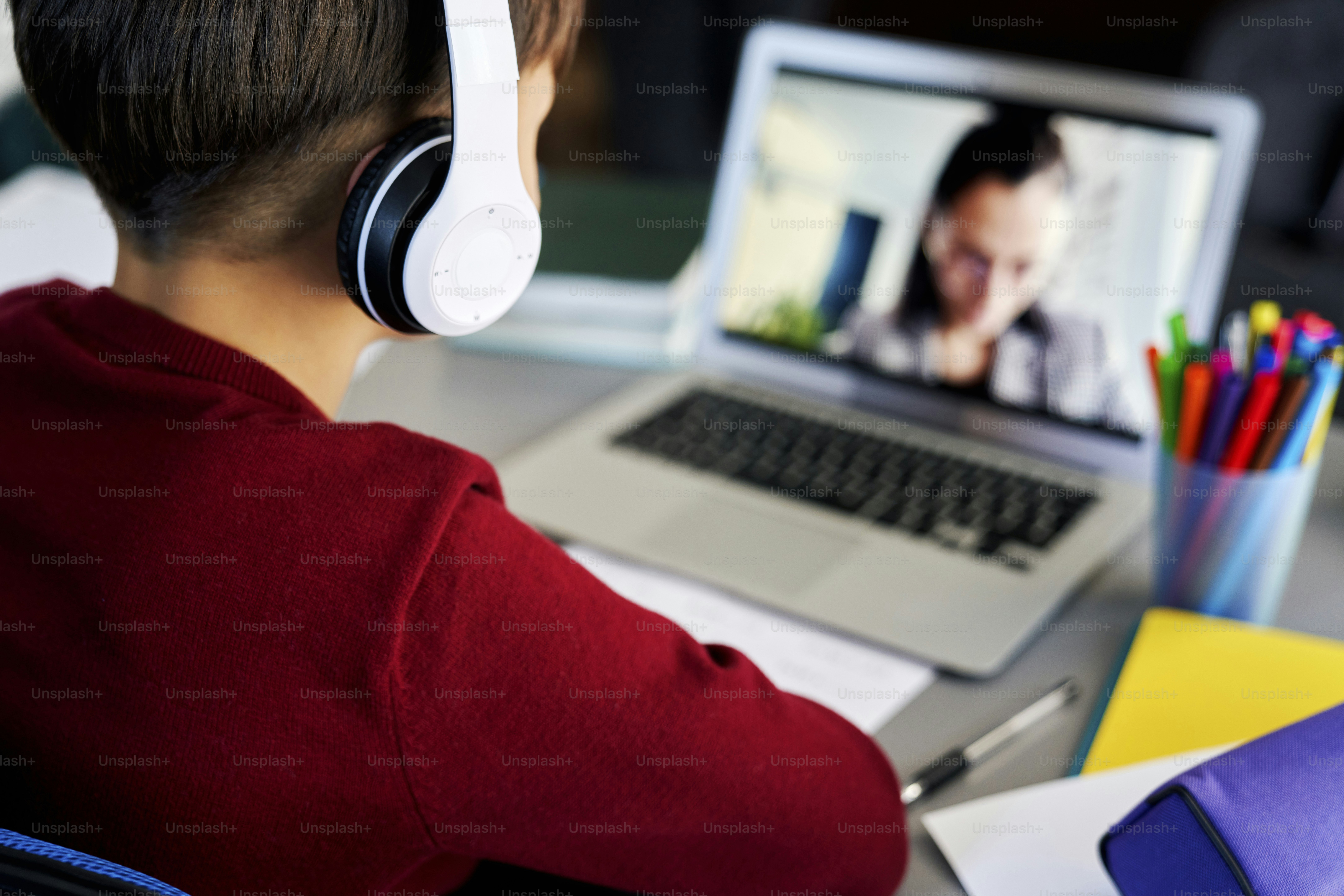 Rear view of boy during homeschooling