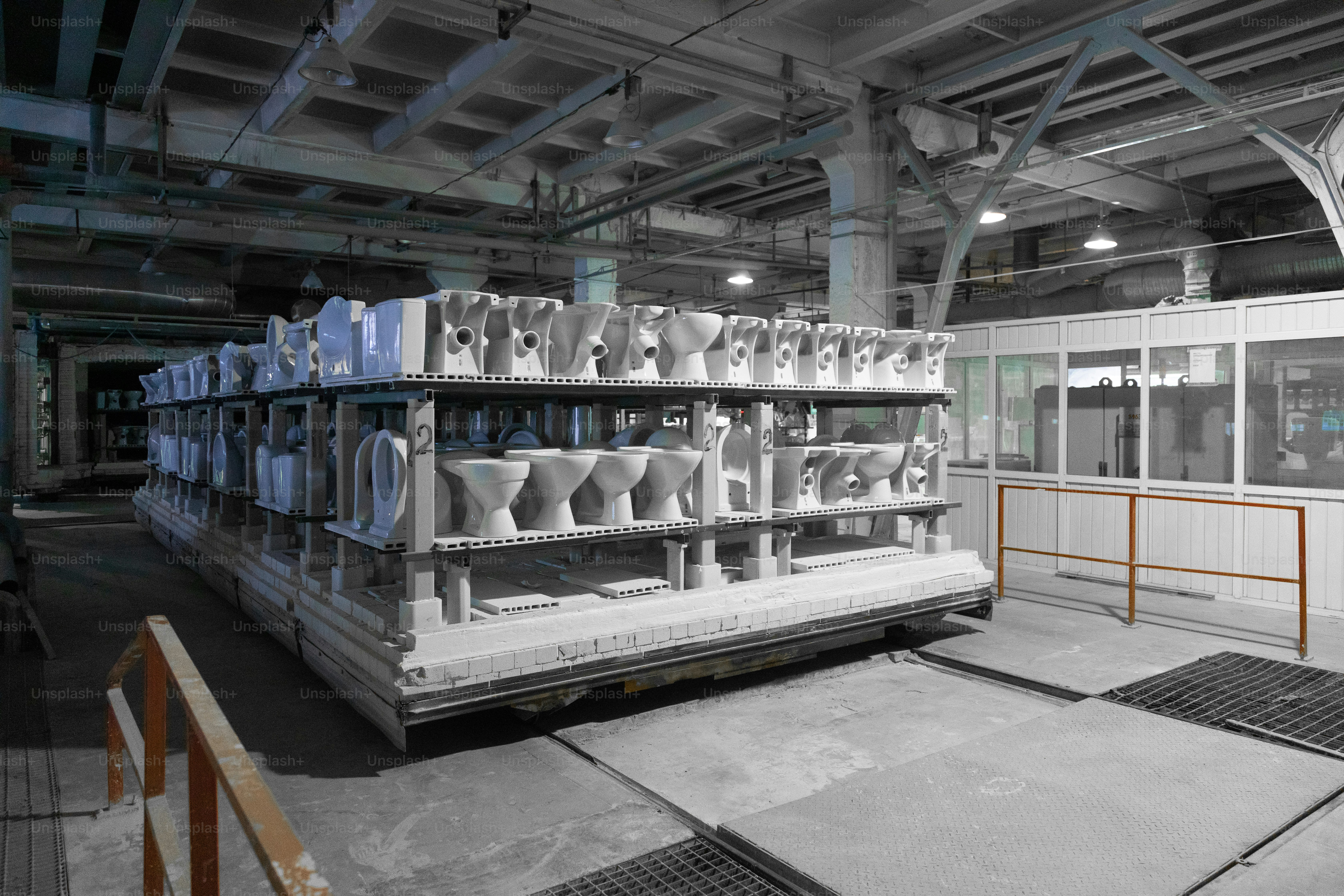 Ceramic Factory produziert keramische Sanitärkeramik. Keramik WC Halbfabrikate in einer Fabrik. Keramikfabrik. Industrielles Umfeld
