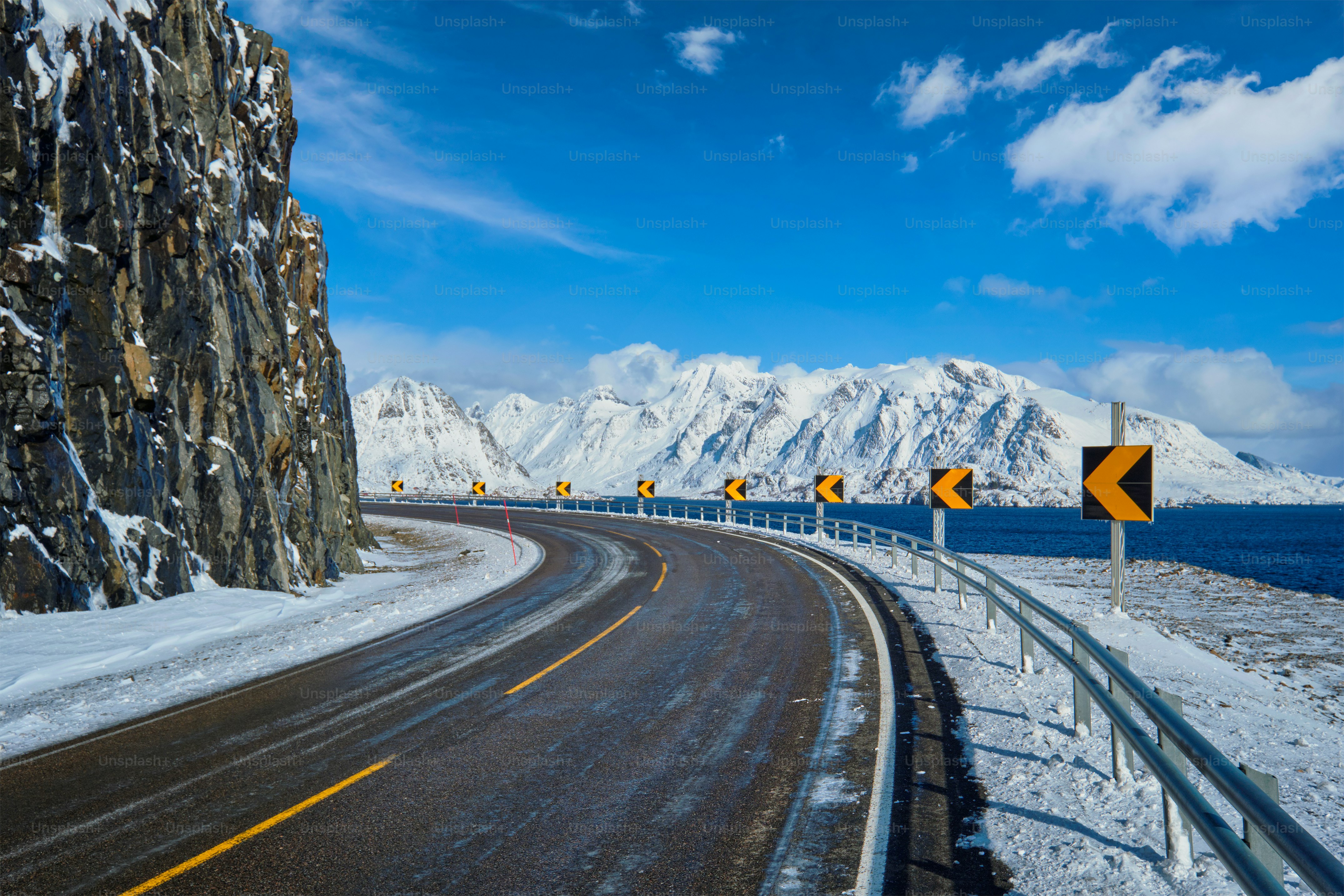 Road in Norwegian fjord. Lofoten islands, Norway
