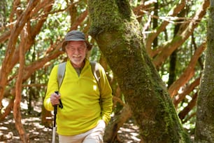Glücklicher attraktiver Senior mit Rucksack und Gehstock im Wald genießt gesunden Lebensstil und Ruhestand