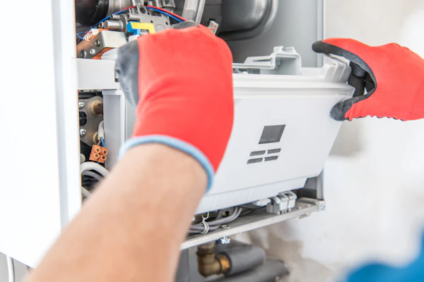 Professional technician installing a high-efficiency gas heating unit