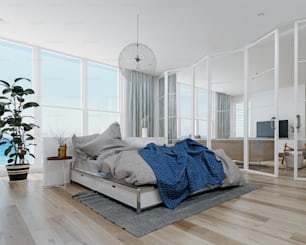 Interior de dormitorio moderno. Concepto de diseño de renderizado 3D