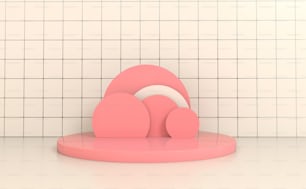 Pastellrosa und weiß Fliesen Wand- und Bodeninterieur mit rundem Podium zur Produktpräsentation. Leere. 3D-Rendering-Modell