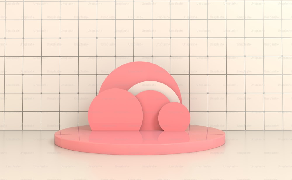 파스텔 핑크와 흰색 타일 벽과 바닥 인테리어, 제품 프레젠테이션을 위한 둥근 연단. 빈 공간. 3d 렌더링 모형