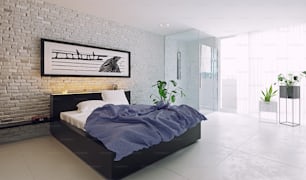 현대적인 침실 인테리어 디자인. 3d 렌더링 개념