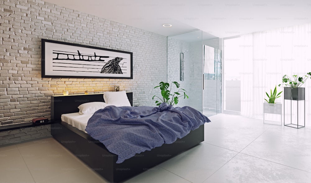 현대적인 ��침실 인테리어 디자인. 3d 렌더링 개념