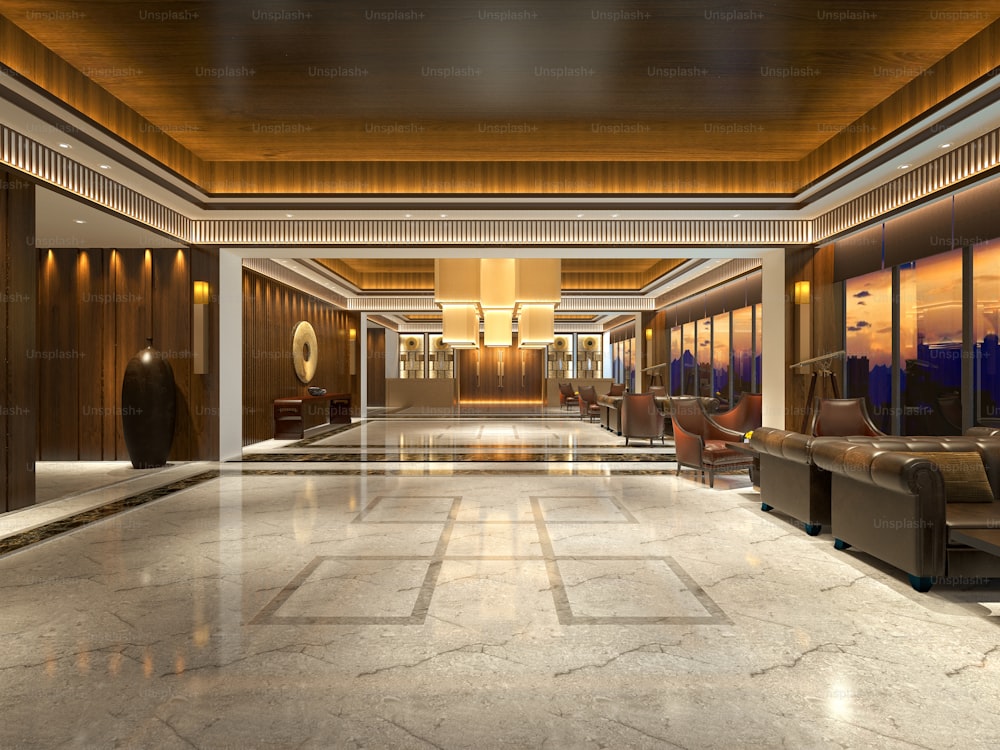 Rendu 3D du hall et de la réception d’un hôtel de luxe