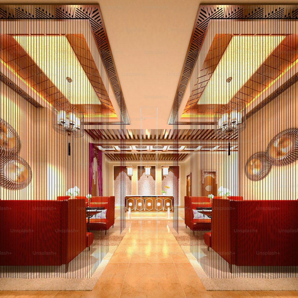 Rendu 3D du hall d’hôtel et de la réception de style asiatique