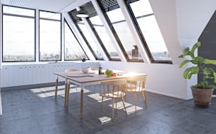 modern loft attic kitchen design concept. 3d rendering illustration
