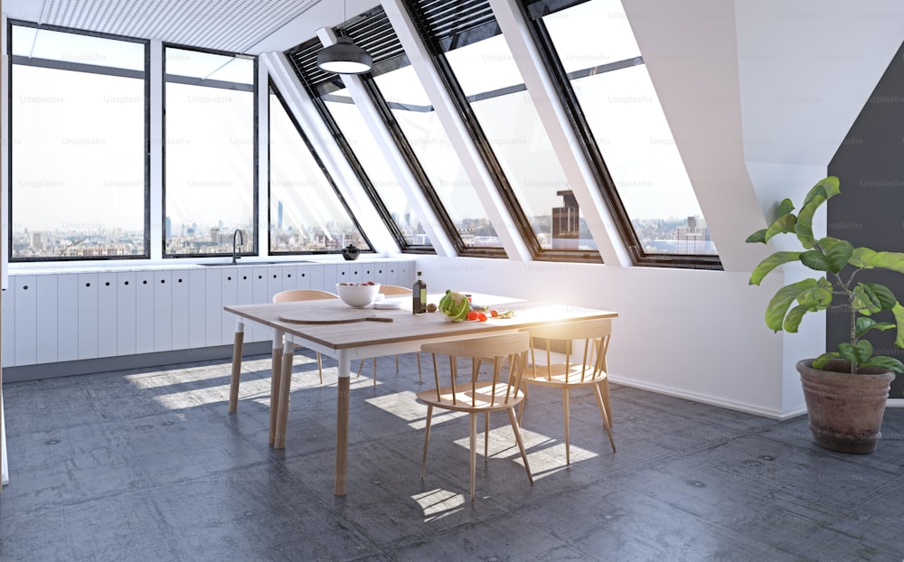 Modernes Loft Dachgeschoss Küchendesignkonzept. 3D-Rendering-Illustration