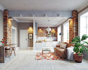 modern apartment  interior. Scandinavian style design. 3d rendering concept