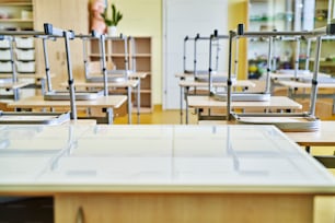 Front view of empty classroom during a pandemic