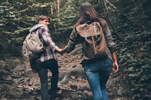 Rear view of modern young couple holding hands and moving up while hiking together in the woods