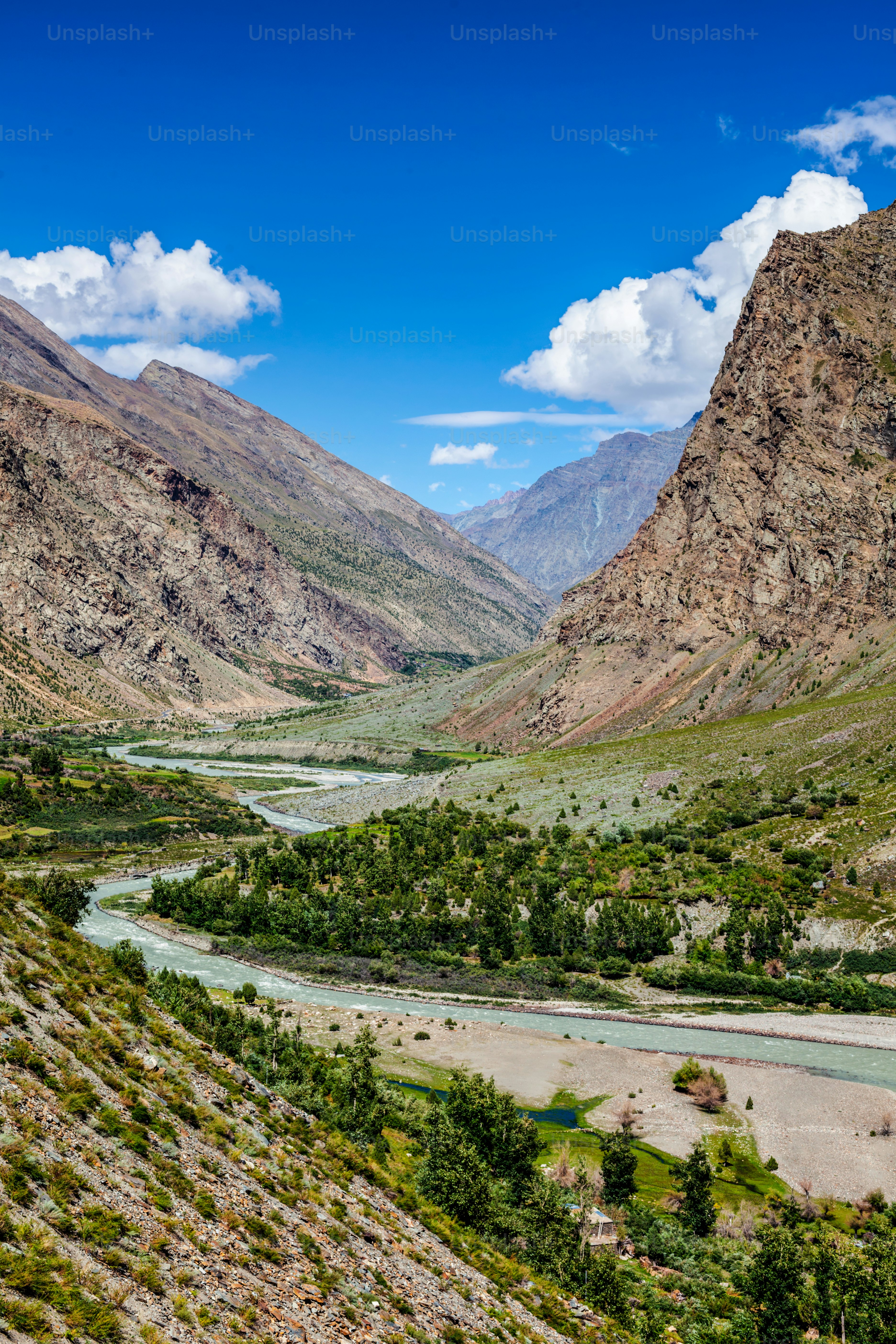 Bhaga river in Lahaul valley in Himalayas. Himachal Pradesh, India