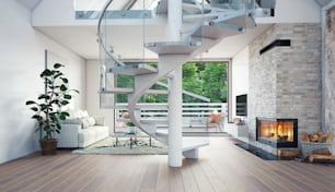 design de interiores de vida da casa moderna. Ilustração do conceito 3d