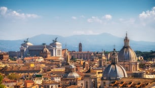 Rome skyline at the city center with panoramic view of famous landmark of Ancient Rome architecture, Italian culture and monuments. Historical Rome is the famous travel destination of Italy.