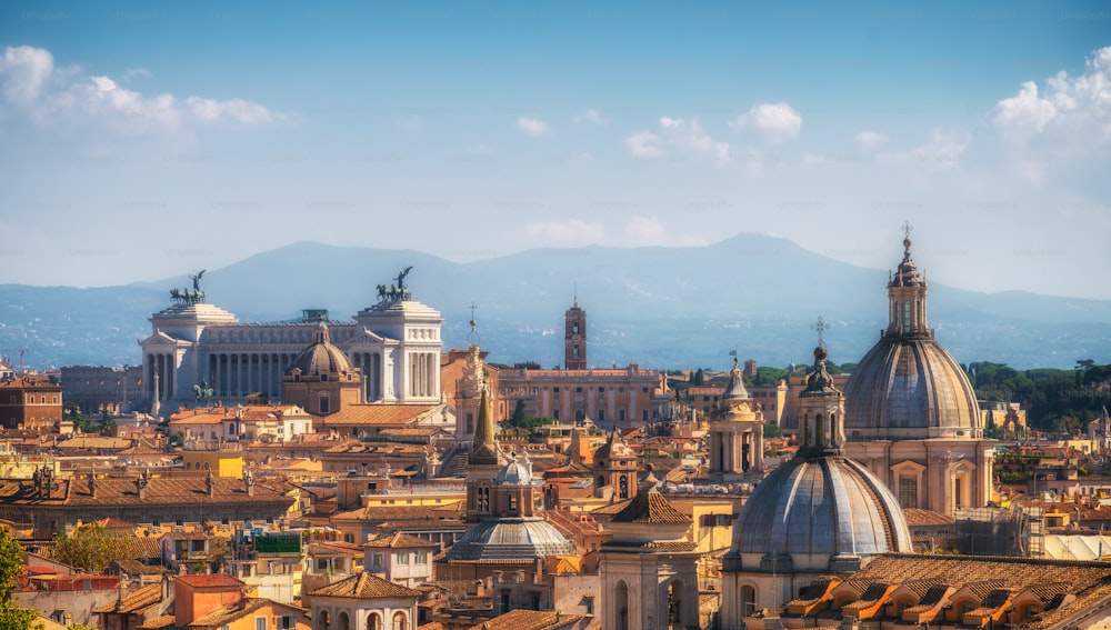 Rome skyline at the city center with panoramic view of famous landmark of Ancient Rome architecture, Italian culture and monuments. Historical Rome is the famous travel destination of Italy.