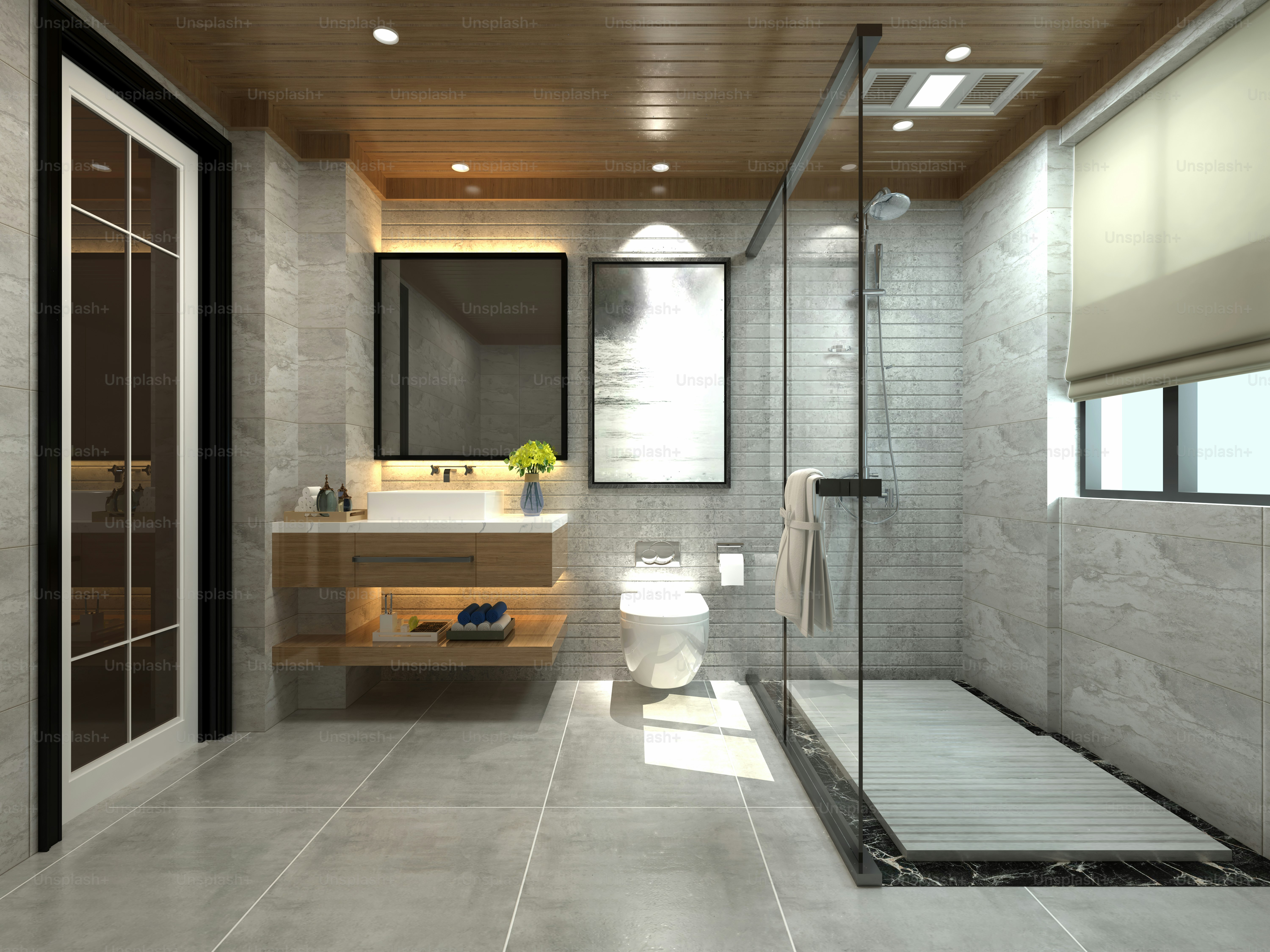 Bathroom flooring materials installed in a modern renovated bathroom