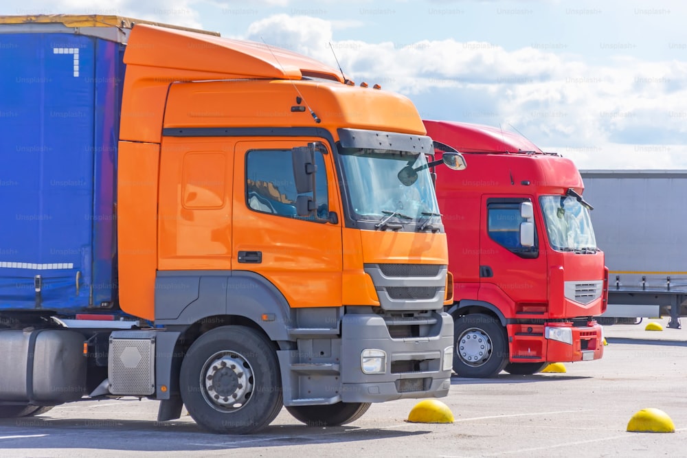 Semi truck trailer on parking, road freight cargo truck transportation